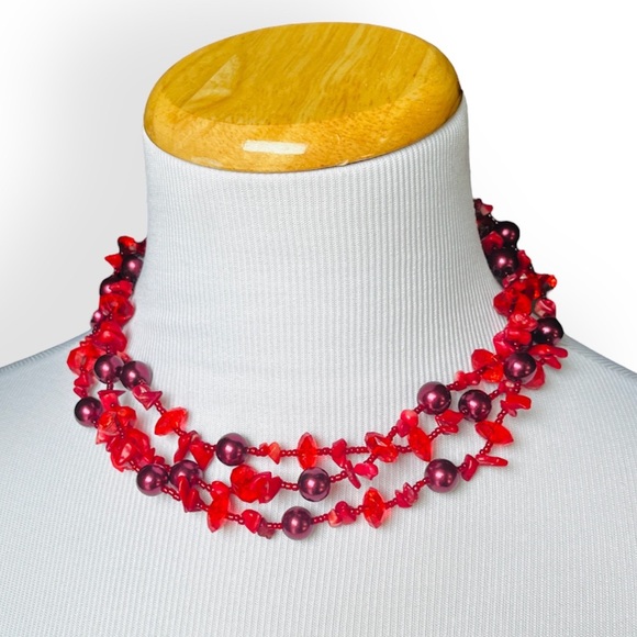 Jewelry - Red Fashion Jewelry Beaded Collar Necklace Multistrand Chic Minimal